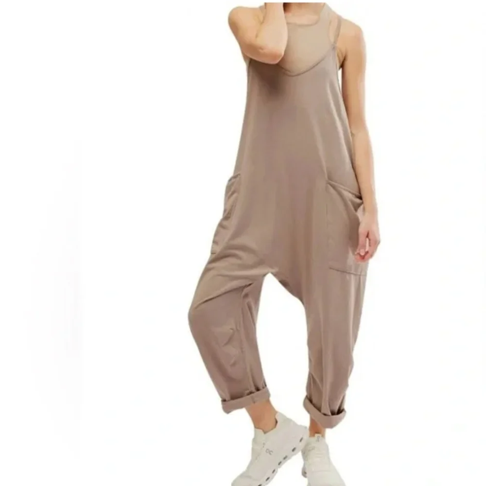 Free People FP Movement Hot Shot Onesie Mocha Latte M Slouchy Jumpsuit Athleisur - Picture 2 of 11